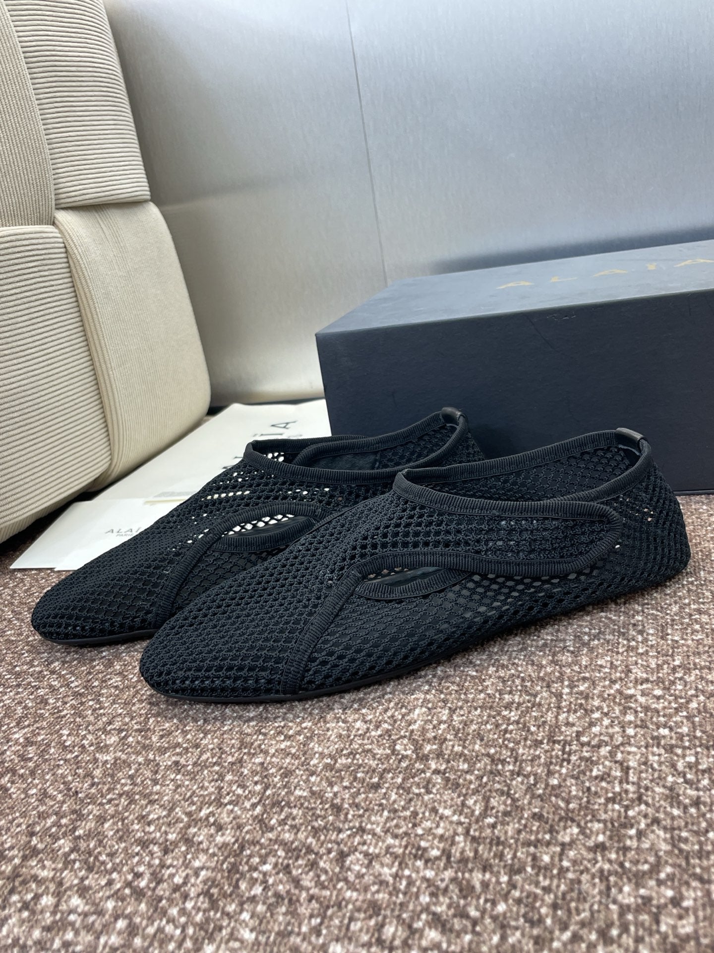 ALAIA MESH MARY JANE BALLET FLATS 25S IN BLACK FABRIC