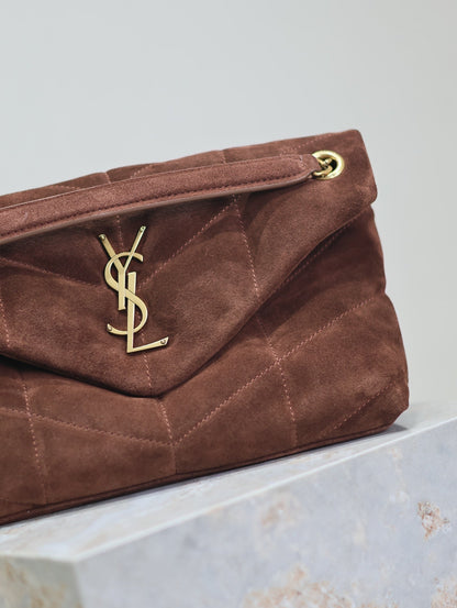 YSL 25S LOULOU PUFFER MM 29 IN DARK BROWN SUEDE GOLD HARDWARE
