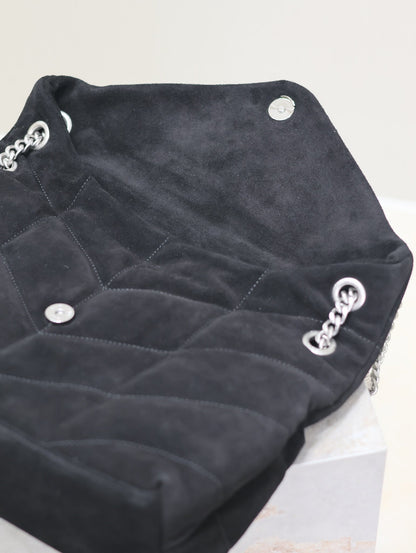YSL 25S LOULOU PUFFER GM 35 IN BLACK SUEDE SILVER HARDWARE