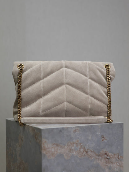 YSL 25S LOULOU PUFFER GM 35 IN SMOKEY TAUPE SUEDE GOLD HARDWARE