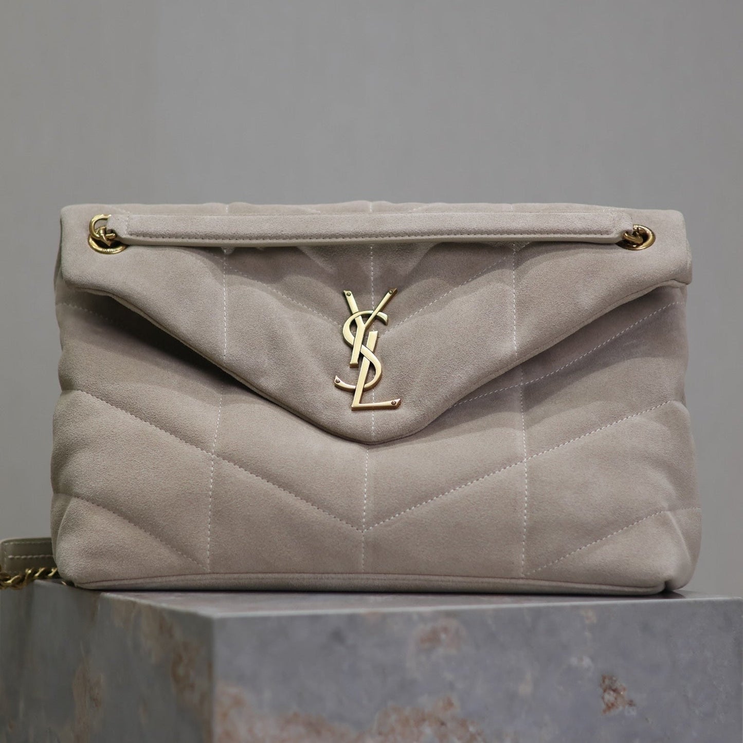 YSL 25S LOULOU PUFFER GM 35 IN SMOKEY TAUPE SUEDE GOLD HARDWARE
