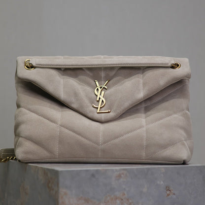 YSL 25S LOULOU PUFFER GM 35 IN SMOKEY TAUPE SUEDE GOLD HARDWARE