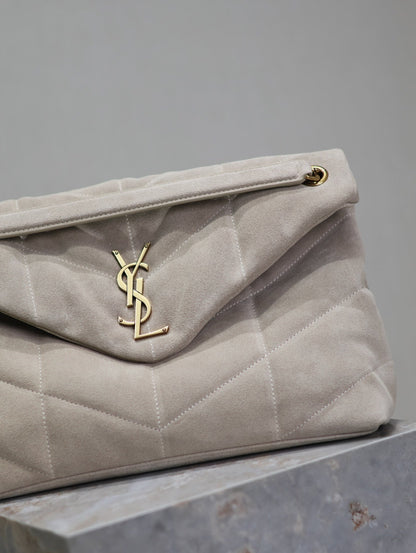 YSL 25S LOULOU PUFFER GM 35 IN SMOKEY TAUPE SUEDE GOLD HARDWARE