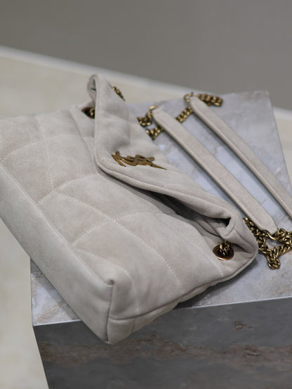 YSL 25S LOULOU PUFFER MM 29 IN SMOKEY TAUPE SUEDE GOLD HARDWARE