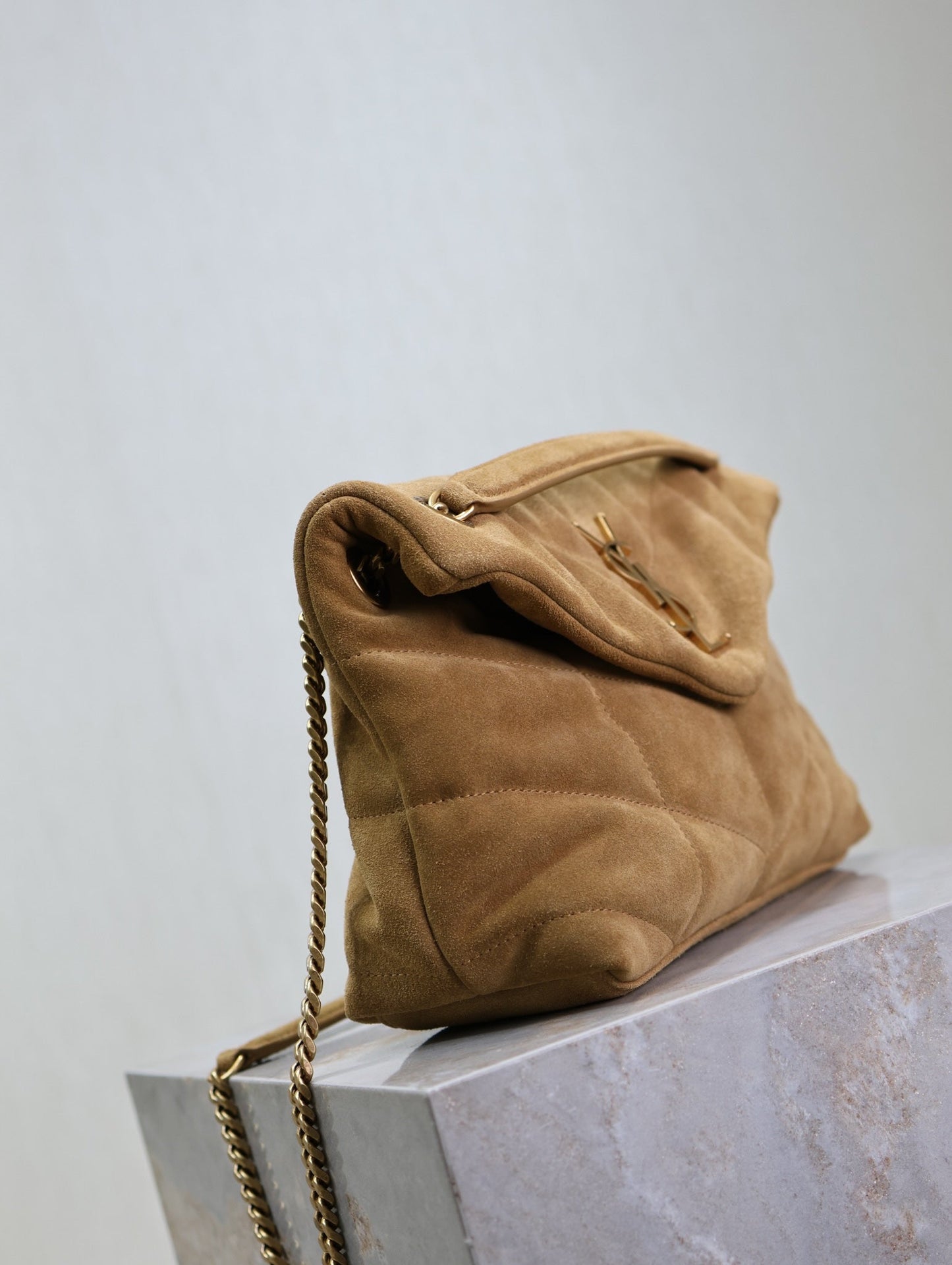 YSL 25S LOULOU PUFFER MM 29 IN TAN BROWN SUEDE GOLD HARDWARE