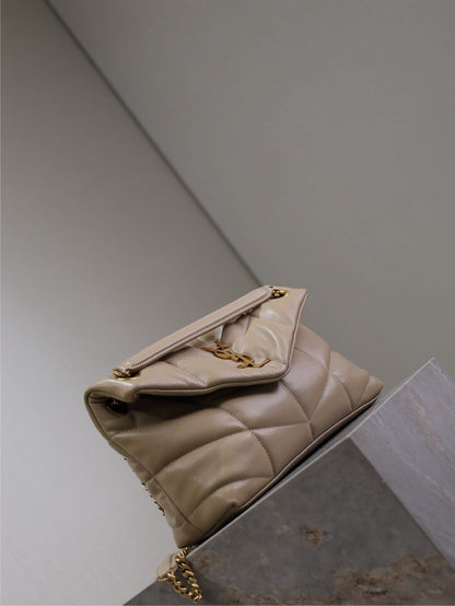 YSL 25S LOULOU PUFFER MM 29 IN BROWN CALFSKIN GOLD HARDWARE