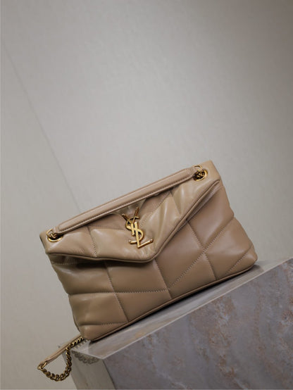 YSL 25S LOULOU PUFFER MM 29 IN BROWN CALFSKIN GOLD HARDWARE