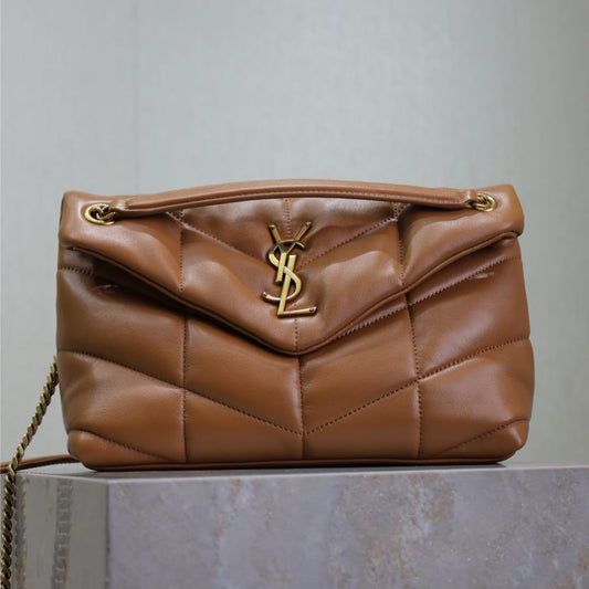 YSL 25S LOULOU PUFFER MM 29 IN CARAMEL CALFSKIN GOLD HARDWARE