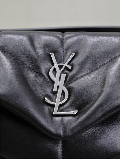 YSL 25S LOULOU PUFFER MM 29 IN BLACK CALFSKIN SILVER HARDWARE