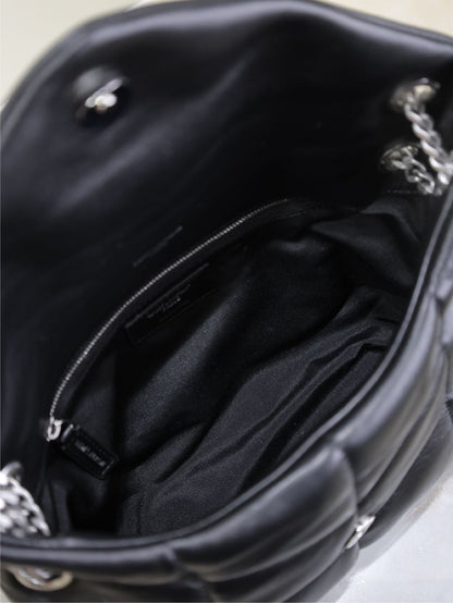 YSL 25S LOULOU PUFFER MM 29 IN BLACK CALFSKIN SILVER HARDWARE