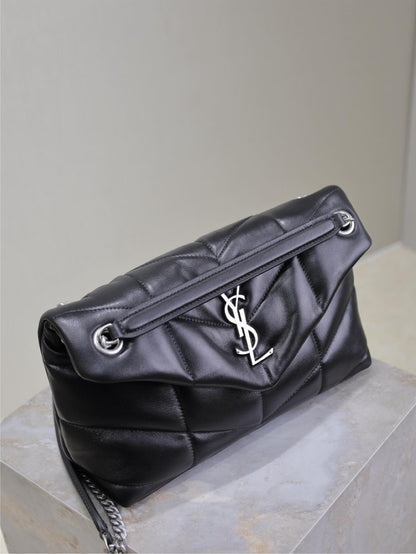 YSL 25S LOULOU PUFFER MM 29 IN BLACK CALFSKIN SILVER HARDWARE