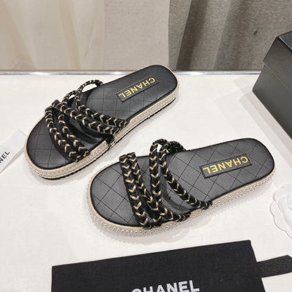 WOVEN STRAP SLIPPERS IN BLACK LAMBSKIN