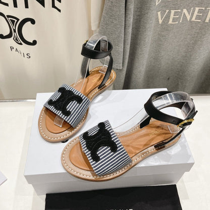 LYMPIA SANDAL IN TRIOMPHE MACCRAMÉ COTTON & CALFSKIN BLACK/NAVY