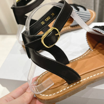 LYMPIA SANDAL IN TRIOMPHE MACCRAMÉ COTTON & CALFSKIN BLACK/NAVY