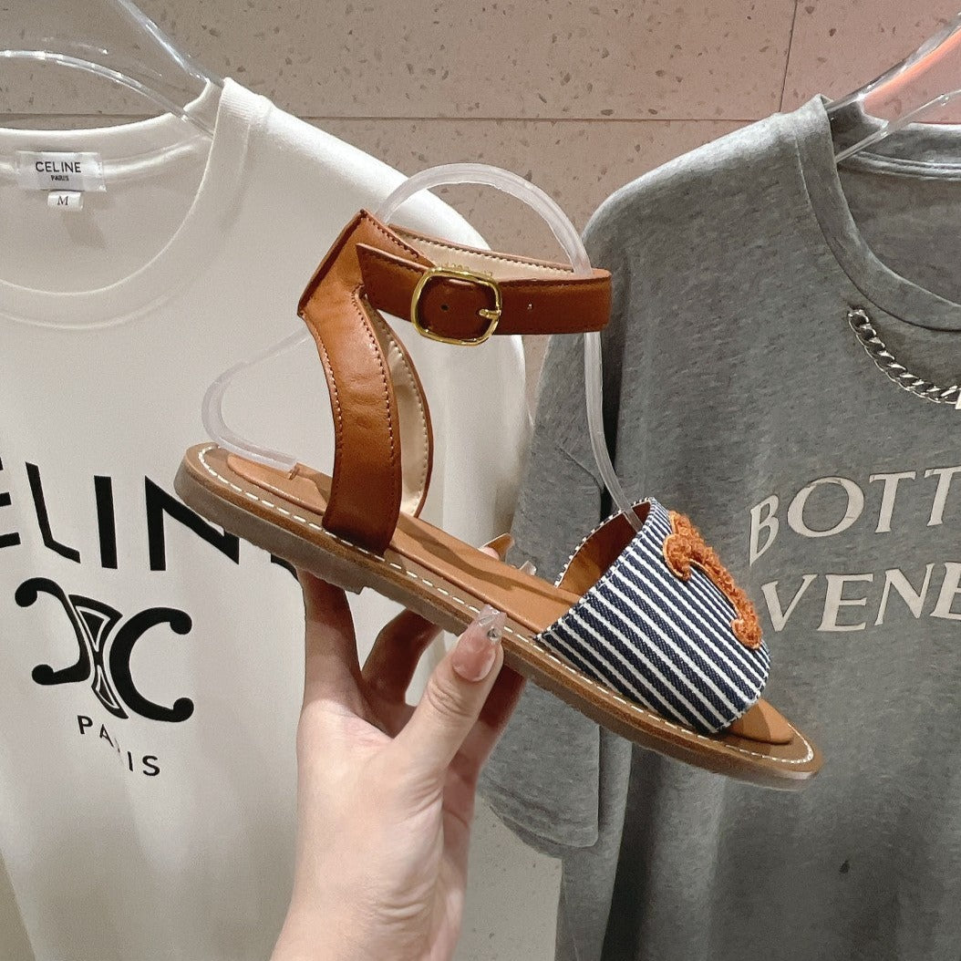 LYMPIA SANDAL IN TRIOMPHE MACCRAMÉ COTTON & CALFSKIN BRONZE BROWN/NAVY