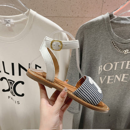 LYMPIA SANDAL IN TRIOMPHE MACCRAMÉ COTTON & CALFSKIN OFF WHITE / NAVY