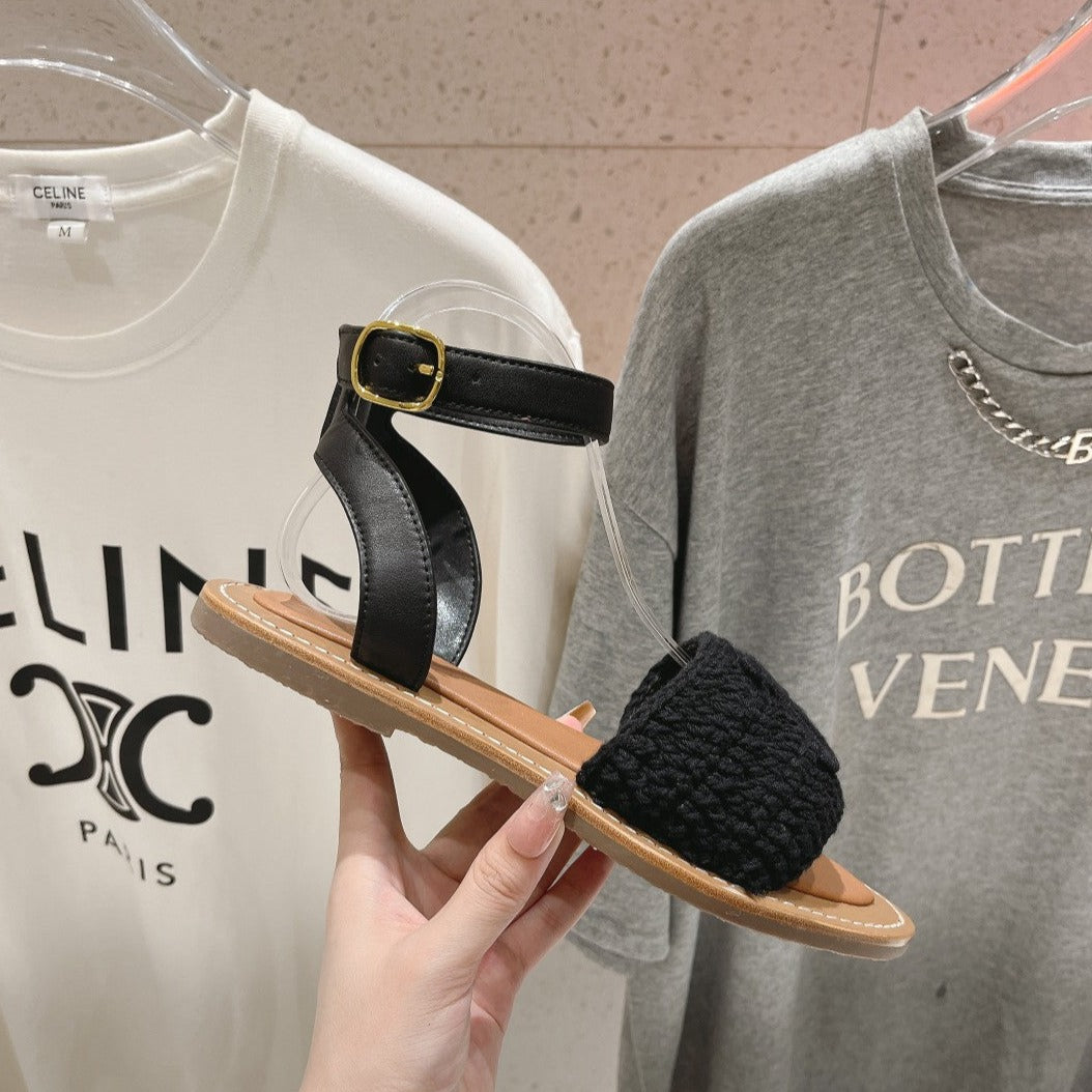 LYMPIA SANDAL IN TRIOMPHE MACCRAMÉ COTTON & CALFSKIN BLACK