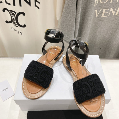 LYMPIA SANDAL IN TRIOMPHE MACCRAMÉ COTTON & CALFSKIN BLACK