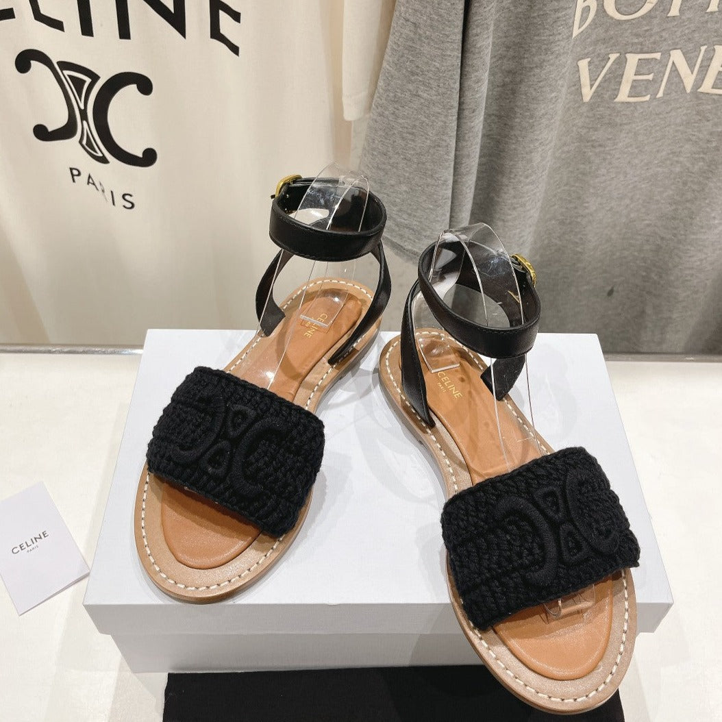 LYMPIA SANDAL IN TRIOMPHE MACCRAMÉ COTTON & CALFSKIN BLACK