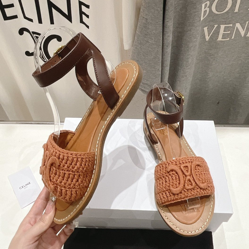 LYMPIA SANDAL IN TRIOMPHE MACCRAMÉ COTTON & CALFSKIN BROWN/DARK BROWN