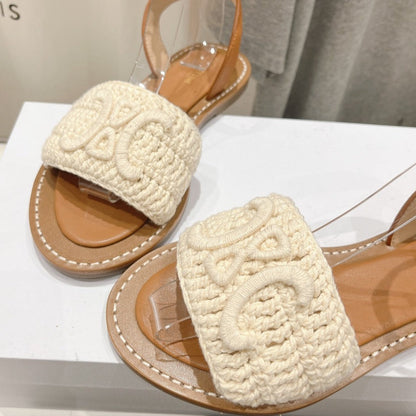 LYMPIA SANDAL IN TRIOMPHE MACCRAMÉ COTTON & CALFSKIN ECRU TAN