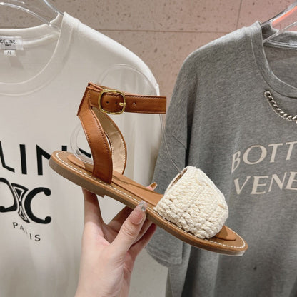 LYMPIA SANDAL IN TRIOMPHE MACCRAMÉ COTTON & CALFSKIN ECRU TAN