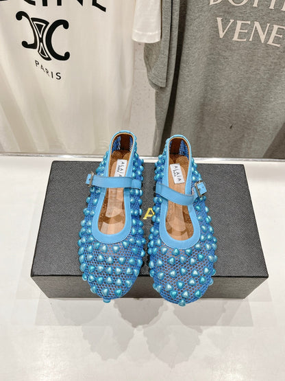 ALAIA PEARL MARY JANE SHOES IN CERULEAN BLUE MESH AND CALFSKIN