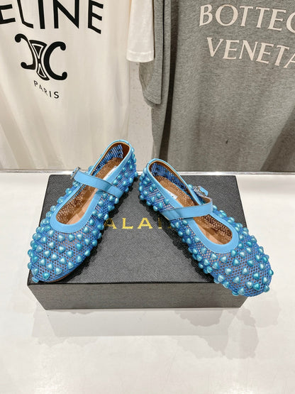 ALAIA PEARL MARY JANE SHOES IN CERULEAN BLUE MESH AND CALFSKIN