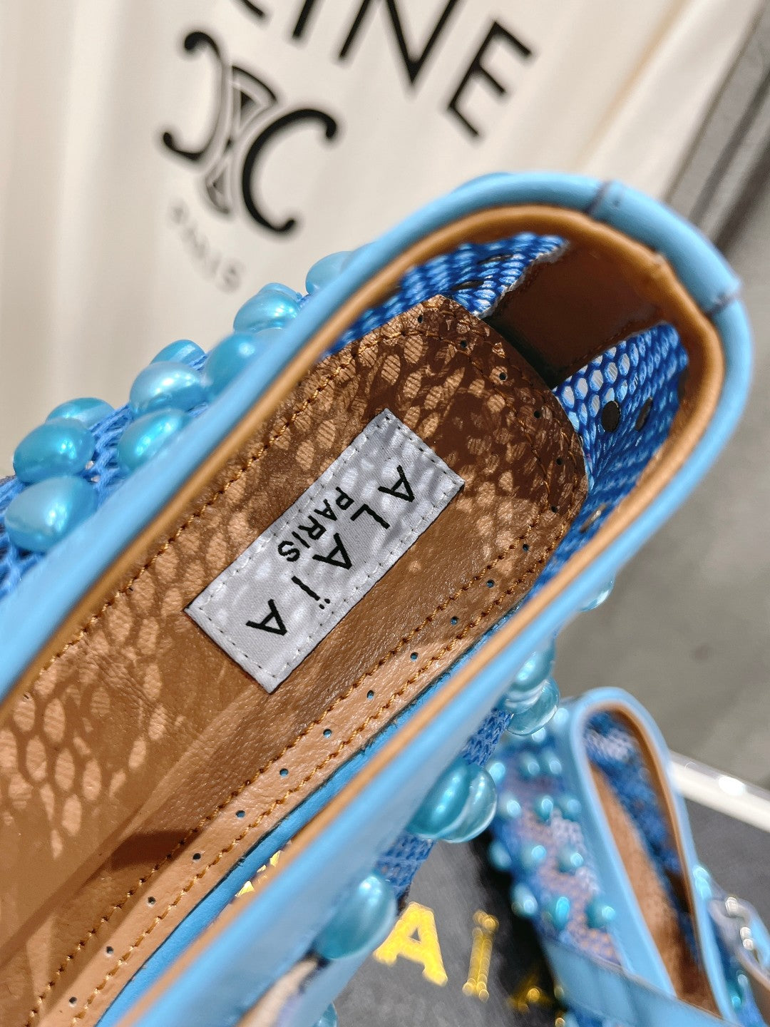 ALAIA PEARL MARY JANE SHOES IN CERULEAN BLUE MESH AND CALFSKIN