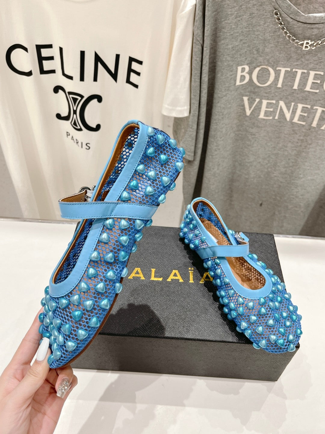 ALAIA PEARL MARY JANE SHOES IN CERULEAN BLUE MESH AND CALFSKIN