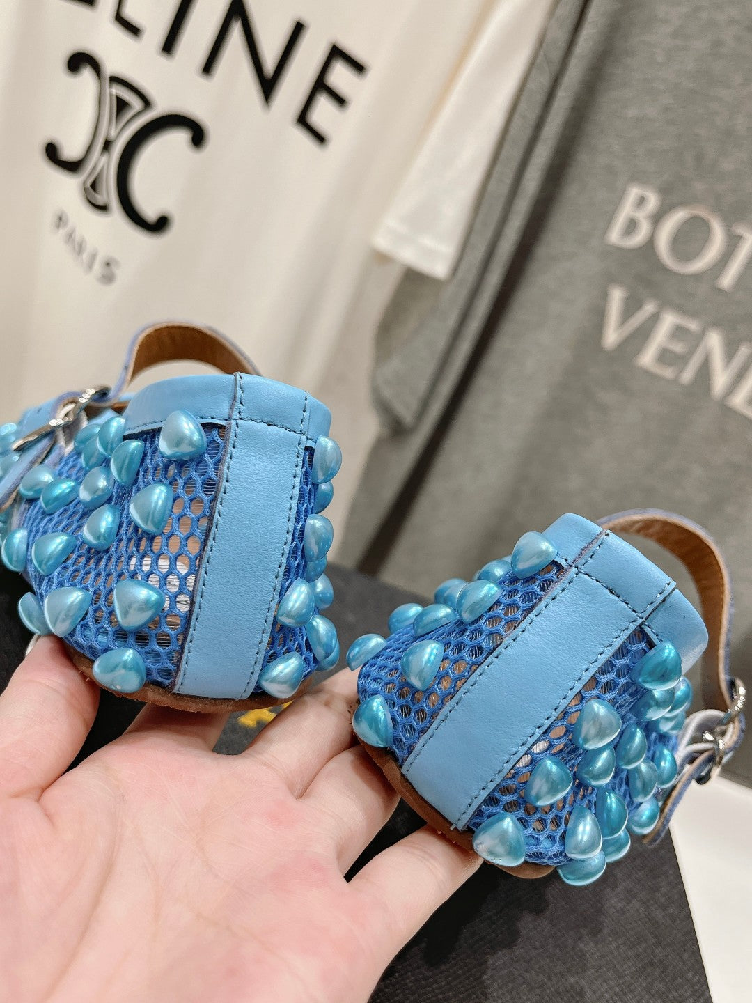 ALAIA PEARL MARY JANE SHOES IN CERULEAN BLUE MESH AND CALFSKIN