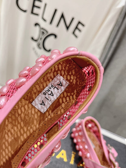 ALAIA PEARL MARY JANE SHOES IN DARK PINK MESH AND CALFSKIN