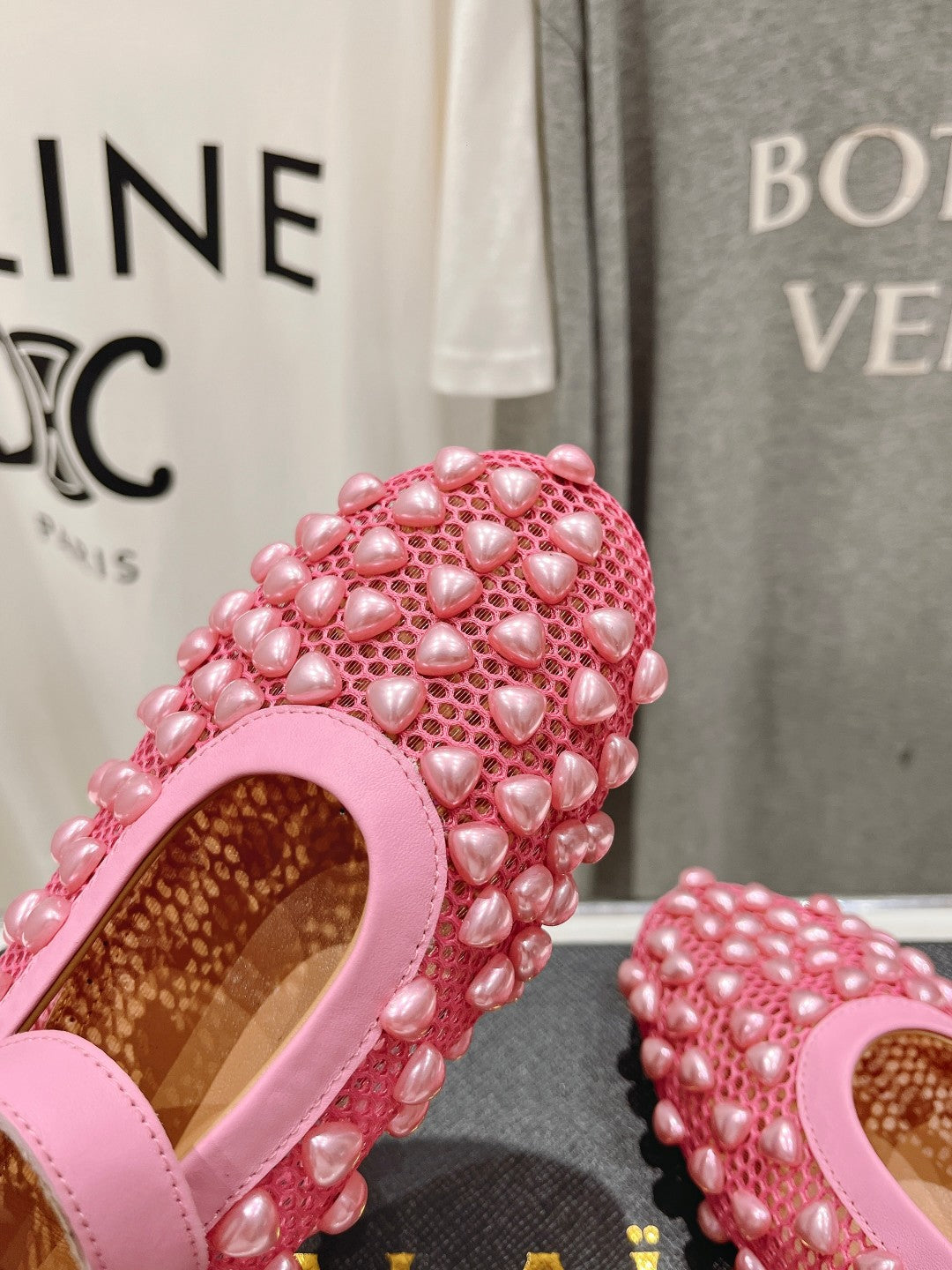 ALAIA PEARL MARY JANE SHOES IN DARK PINK MESH AND CALFSKIN