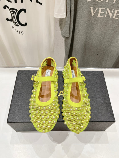 ALAIA PEARL MARY JANE SHOES IN NEON YELLOW MESH AND CALFSKIN