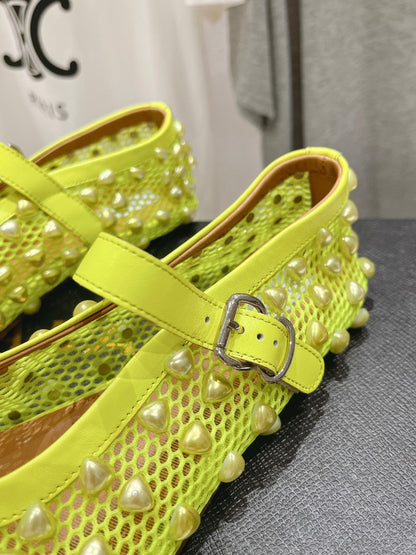 ALAIA PEARL MARY JANE SHOES IN NEON YELLOW MESH AND CALFSKIN
