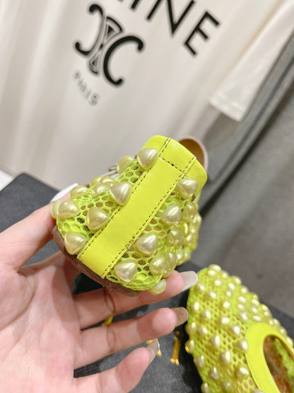 ALAIA PEARL MARY JANE SHOES IN NEON YELLOW MESH AND CALFSKIN