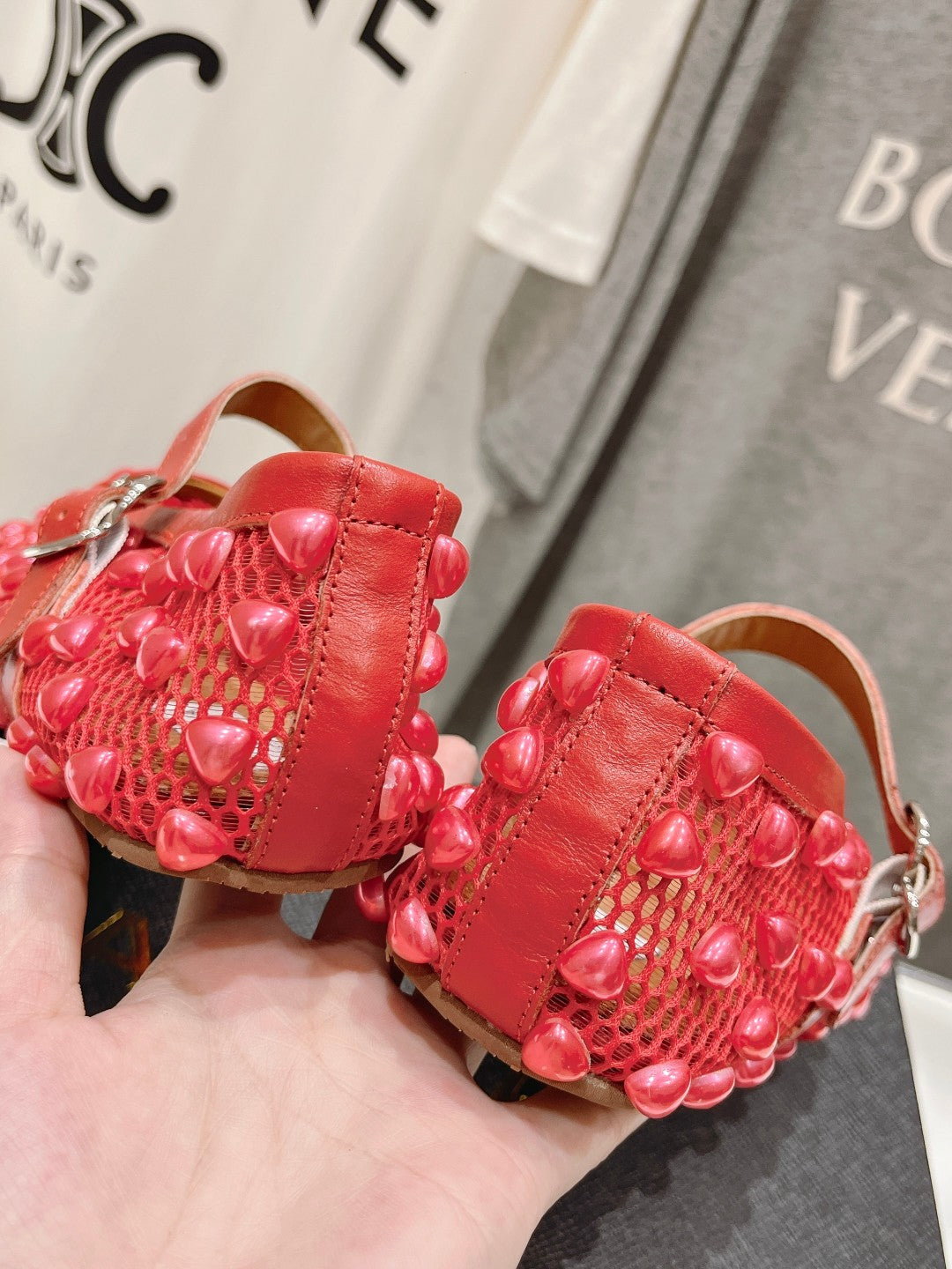 ALAIA PEARL MARY JANE SHOES IN CHERRY RED MESH AND CALFSKIN