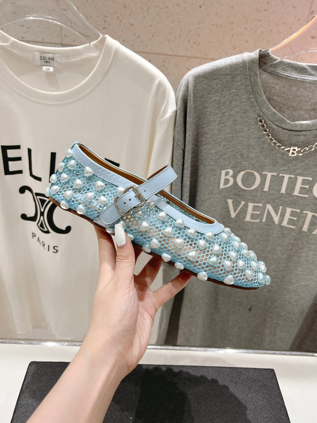 ALAIA PEARL MARY JANE SHOES IN LIGHT BLUE MESH AND CALFSKIN