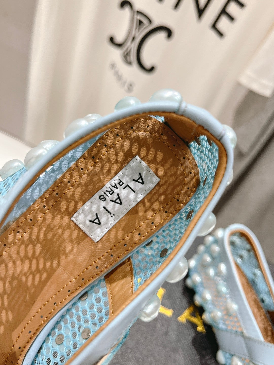 ALAIA PEARL MARY JANE SHOES IN LIGHT BLUE MESH AND CALFSKIN