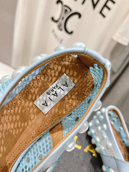 ALAIA PEARL MARY JANE SHOES IN LIGHT BLUE MESH AND CALFSKIN