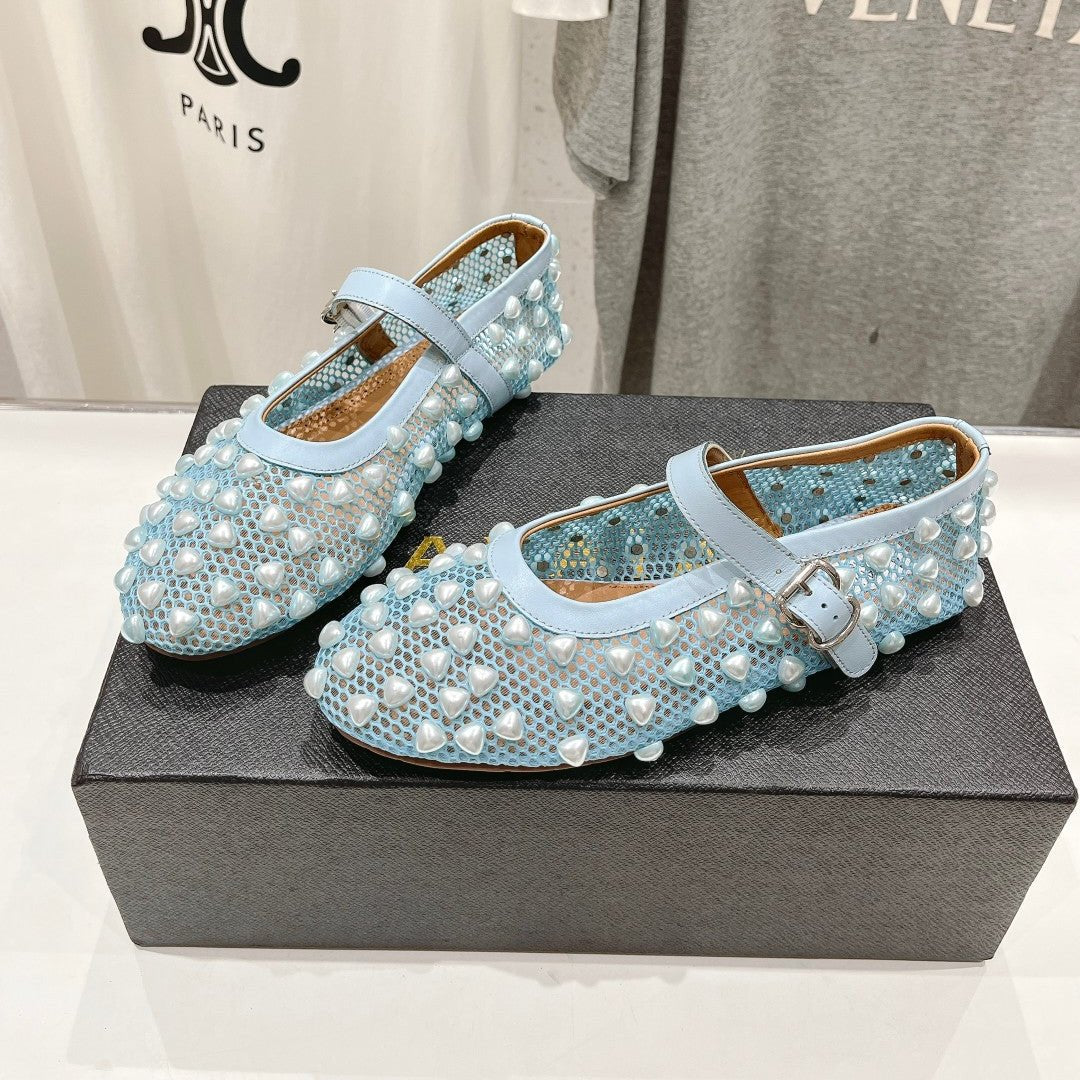 ALAIA PEARL MARY JANE SHOES IN LIGHT BLUE MESH AND CALFSKIN