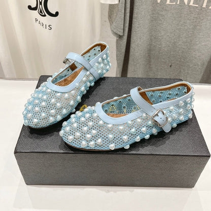 ALAIA PEARL MARY JANE SHOES IN LIGHT BLUE MESH AND CALFSKIN