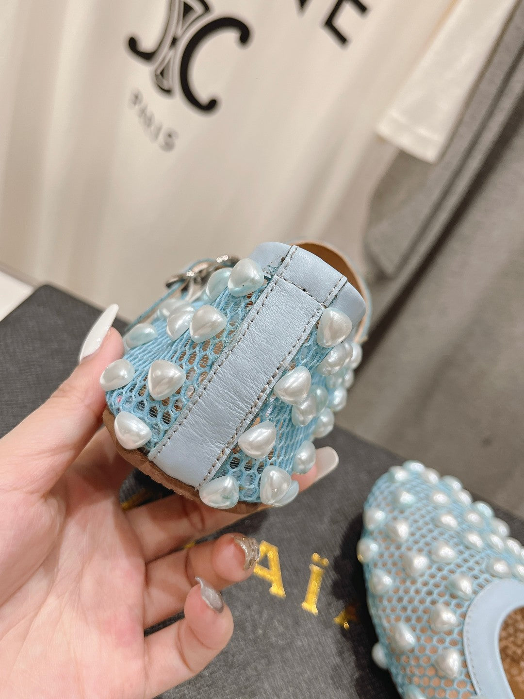 ALAIA PEARL MARY JANE SHOES IN LIGHT BLUE MESH AND CALFSKIN