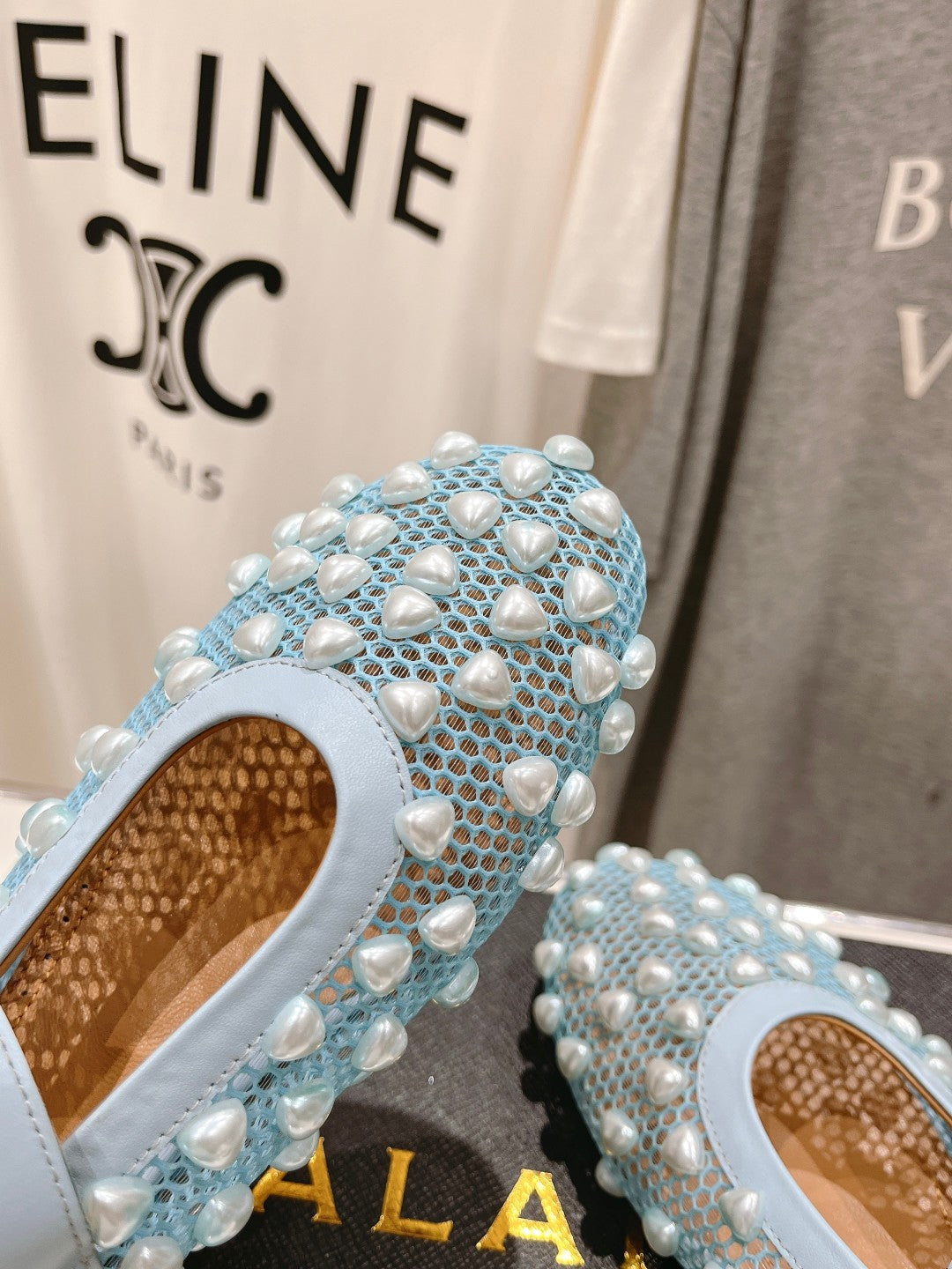 ALAIA PEARL MARY JANE SHOES IN LIGHT BLUE MESH AND CALFSKIN