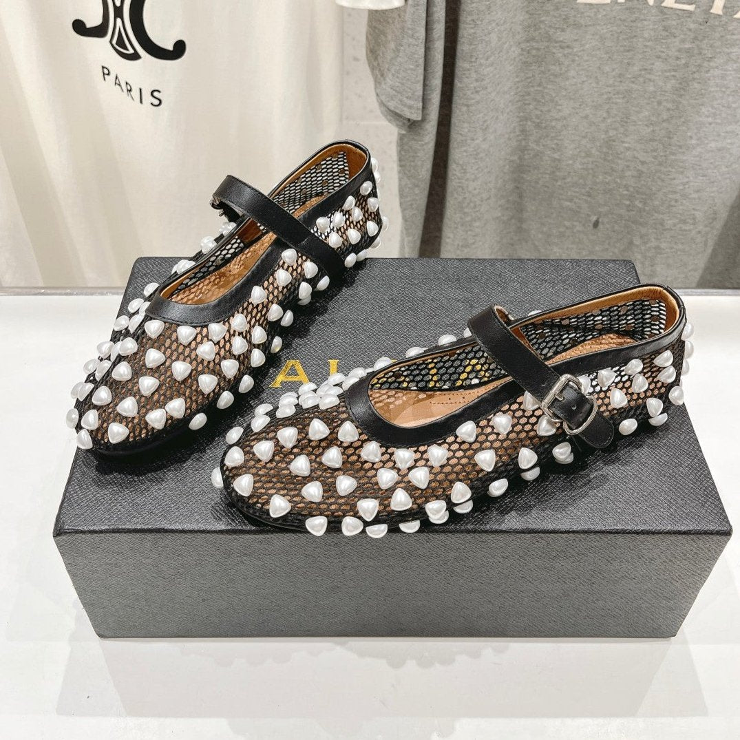 ALAIA PEARL MARY JANE SHOES IN BLACK MIX WHITE MESH AND CALFSKIN