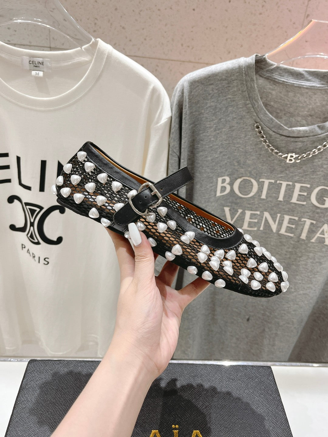 ALAIA PEARL MARY JANE SHOES IN BLACK MIX WHITE MESH AND CALFSKIN