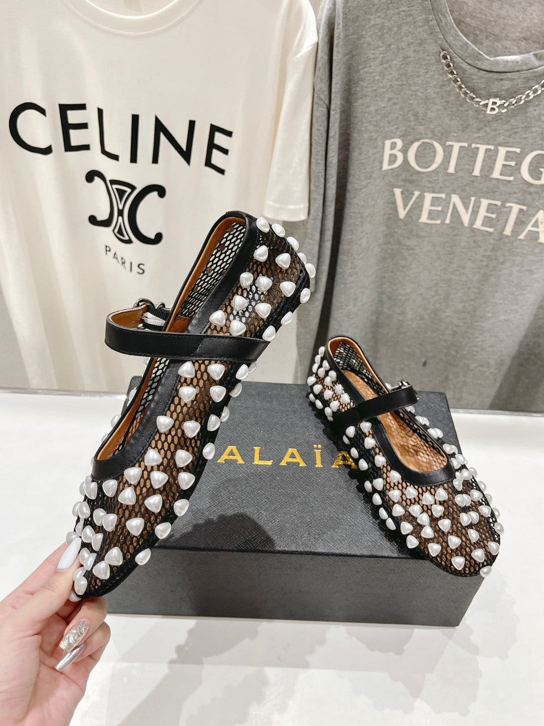 ALAIA PEARL MARY JANE SHOES IN BLACK MIX WHITE MESH AND CALFSKIN