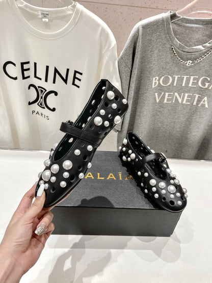 ALAIA PEARL MARY JANE SHOES BLACK MIX WHITE LAMBSKIN