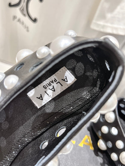 ALAIA PEARL MARY JANE SHOES BLACK MIX WHITE LAMBSKIN