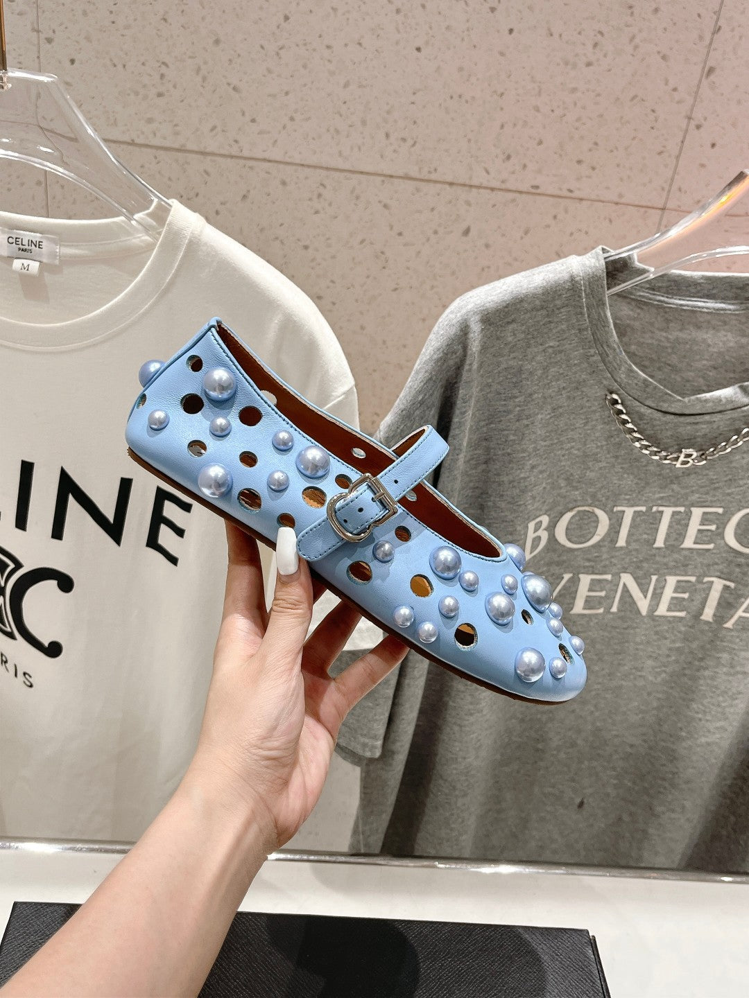 ALAIA PEARL MARY JANE SHOES IN LIGHT BLUE LAMBSKIN